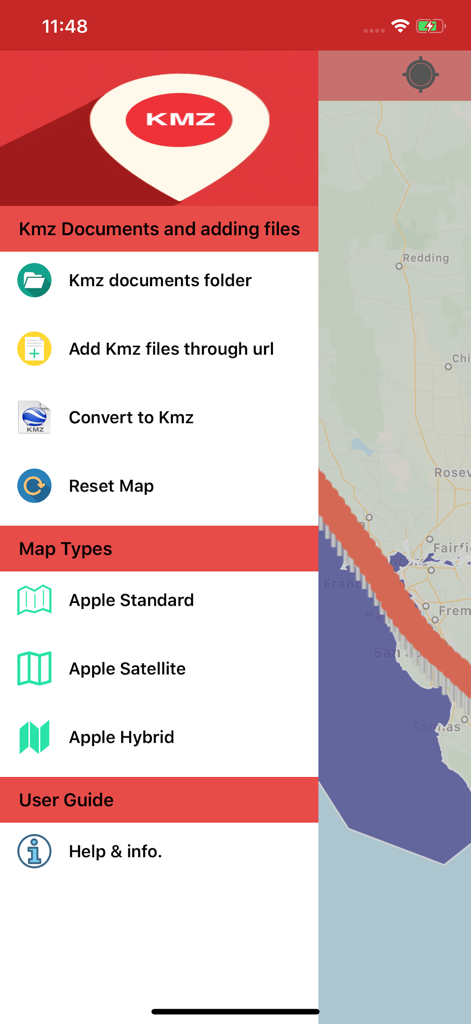 KMZ Viewer app side menu showing file management and map layer options