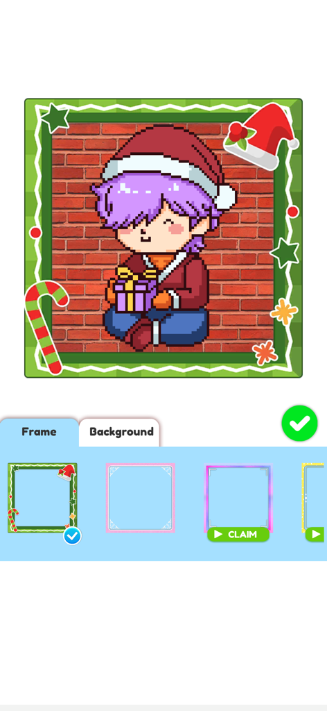 Una imagen pixel art de un niño con gorro de Santa Claus sosteniendo un regalo dentro de un marco verde festivo