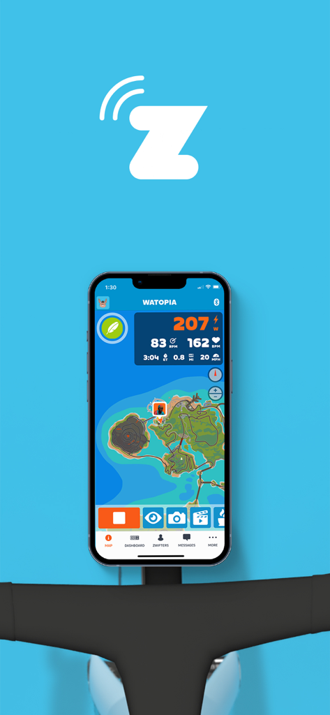 Zwift Companion - Zwift Companion app dashboard on a smartphone mounted to bicycle handlebars showing cycling metrics and a map