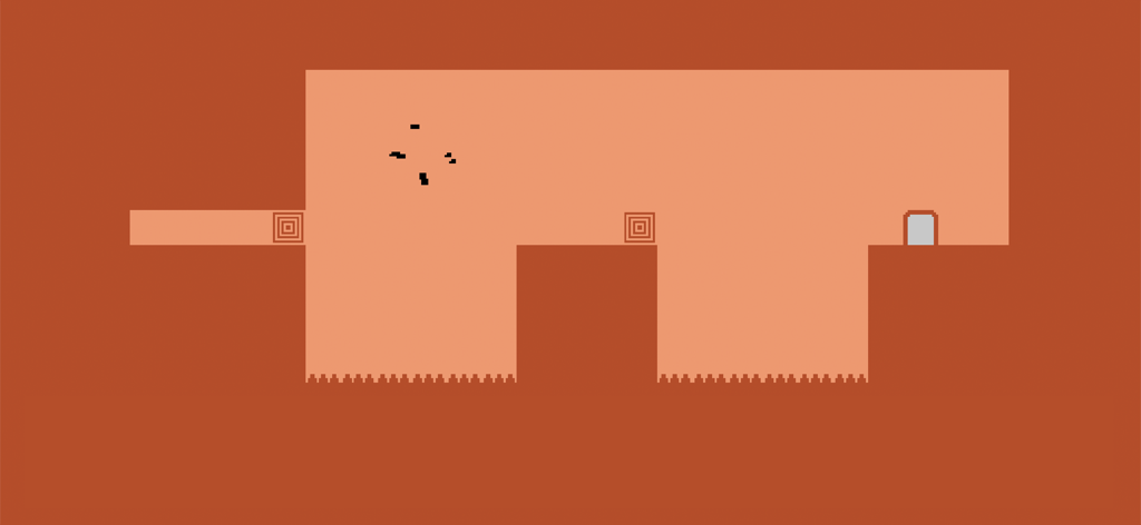 Level Devil Gameplay zeigt eine Figur, die ein minimalistisches Plattformer-Level mit Stacheln und einer Tür navigiert.