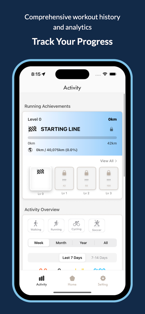 Pace Tracker - Running App - 운동 기록과 달리기 성과를 보여주는 페이스 트래커 앱의 활동 대시보드입니다.