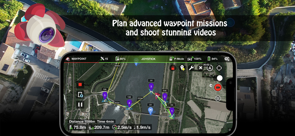 Smartphone interface displaying Litchi app with advanced waypoint flight mission planning over an aerial map