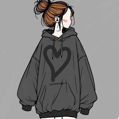 realistic girl with a oversized sweatshirt on and a bun