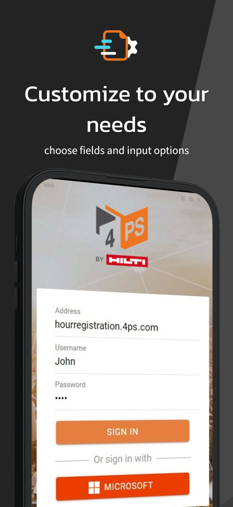 4PS Hours App - Login screen of the 4PS Hours App showing customization options and Microsoft sign-in integration.