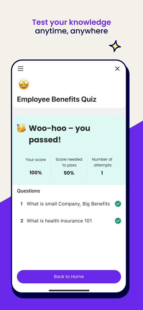 Trainual - A mobile app screen showing a passed employee benefits quiz in the Trainual app.