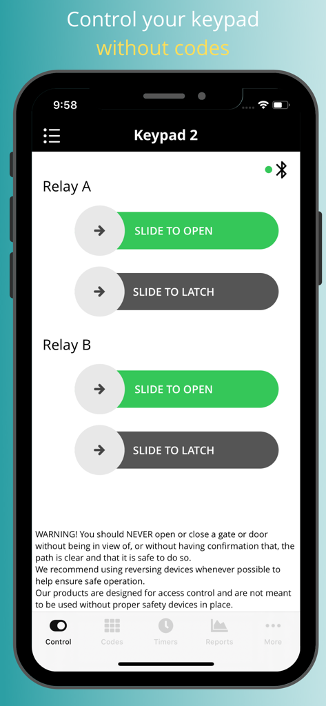 Edge Smart Keypad - Edge Smart Keypad app interface showing sliders to open and latch gate relays via Bluetooth