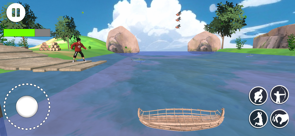 The Escape Story Inside Game - A character in a red hoodie stands on a wooden dock overlooking a river with a small boat and sharks.