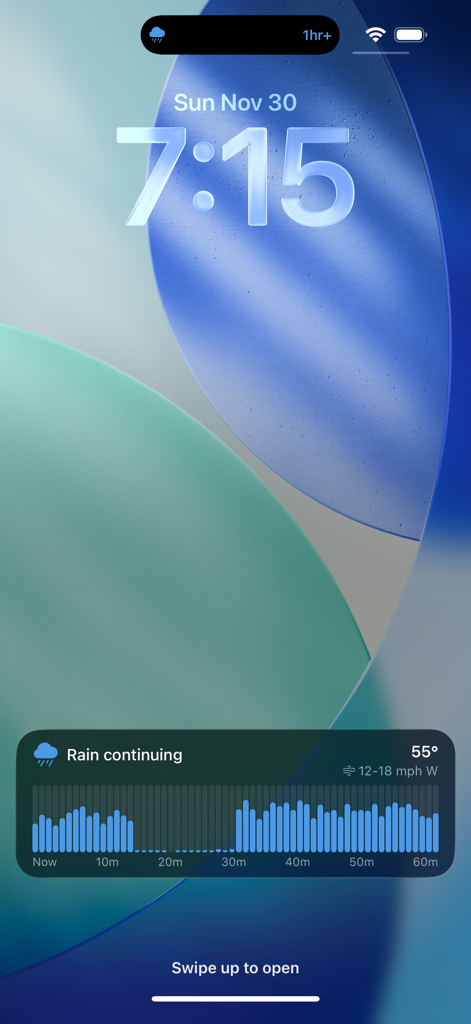 iPhone lock screen showing a Forecast Bar live activity widget with a minute-by-minute rain forecast chart and wind speed details.
