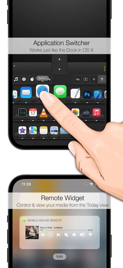 Captura de pantalla de la aplicación Mobile Mouse mostrando el cambiador de aplicaciones y el widget de control multimedia remoto en un iPhone
