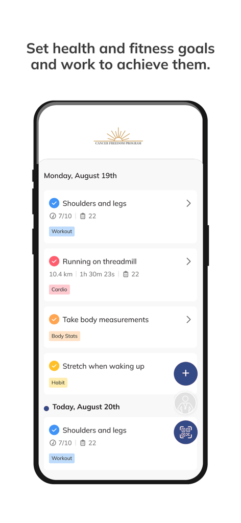 Cancer Freedom - Interface of the Cancer Freedom app displaying a checklist of daily health and fitness goals including workouts and habits.