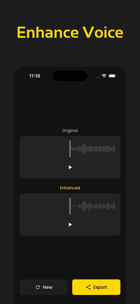 Noise Reducer, PureVoice - PureVoice app interface comparing original and enhanced audio waveforms