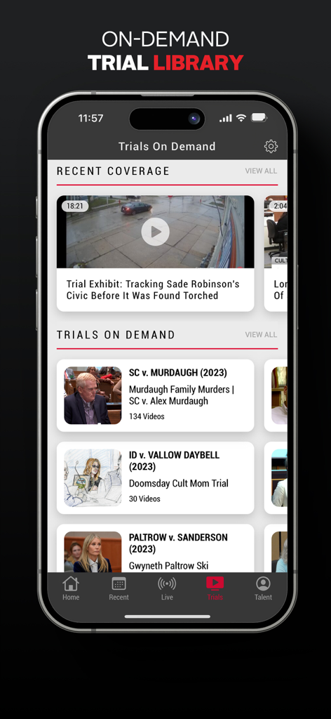 Interface de l'application Court TV montrant l'écran Essais à la demande avec une bibliothèque d'affaires juridiques très médiatisées et une couverture récente.