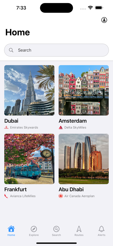 Startbildschirm der seats.aero-App, der die Suche nach Prämienflügen und empfohlene Reiseziele wie Dubai und Amsterdam mit Logos von Treueprogrammen zeigt.