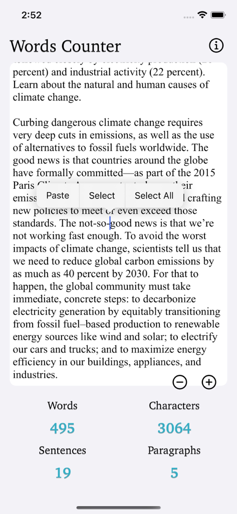 Words Counter Plus mobile app interface showing real time statistics for words characters sentences and paragraphs