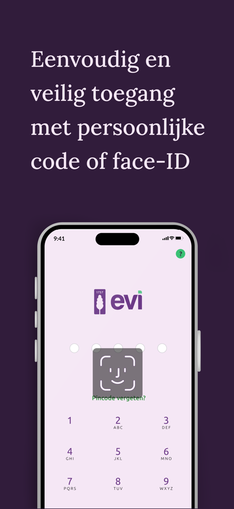 Mijn Evi - Pantalla de inicio de sesión de la aplicación móvil Mijn Evi con seguridad Face ID y código PIN