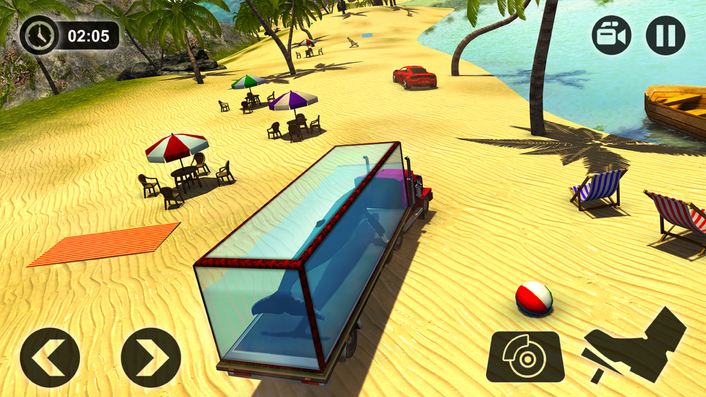 Whale Transport Truck Driving - Gameplay of a truck transporting a whale in a glass tank on a tropical beach.