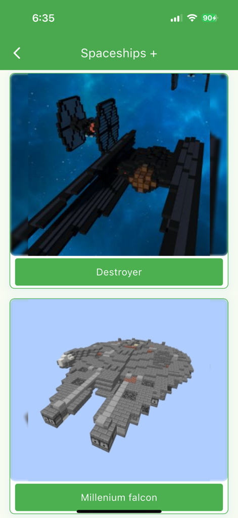 House Mods for Minecraft - A menu showing different spaceship mods for Minecraft including a Destroyer and the Millennium Falcon