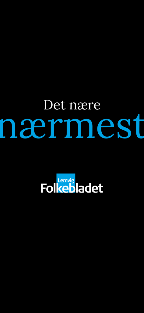 Folkebladet Lemvig - Folkebladet Lemvig news app intro screen with blue and white text on a black background
