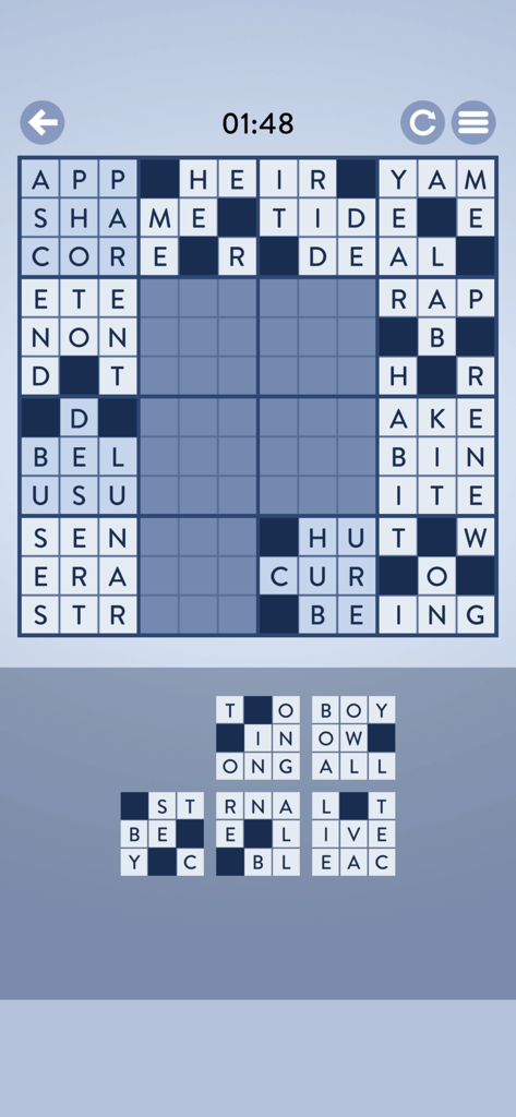 Word Mosaic - A gameplay screen of Word Mosaic showing a partially completed word puzzle grid and letter tiles at the bottom.