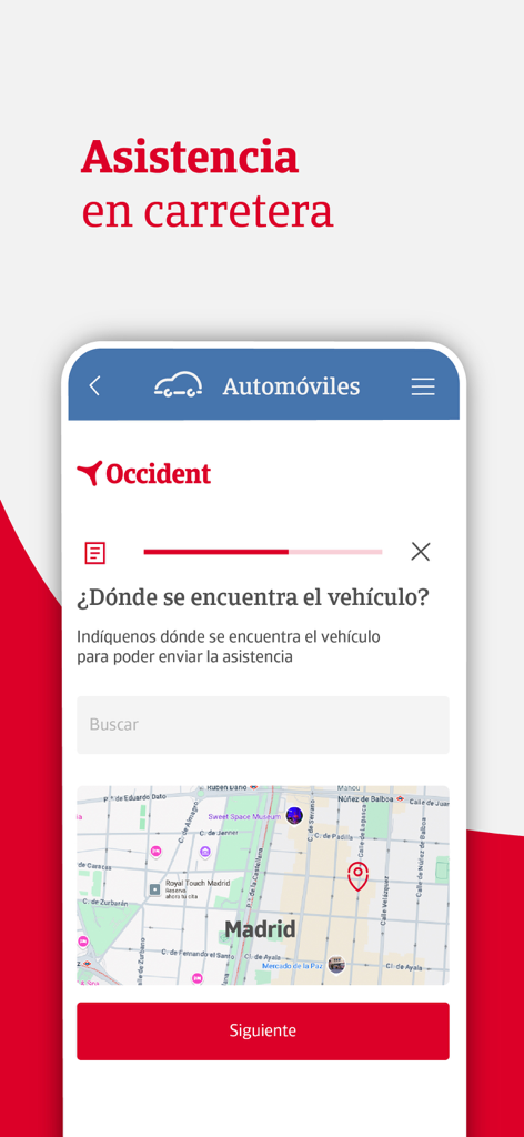 Interfaz de la app E-cliente Occident para asistencia en carretera mostrando un mapa para localizar un vehículo.