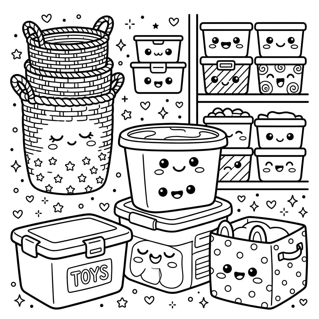 Cute Kawaii Baskets & Bins Coloring Pages | Storage Fun
