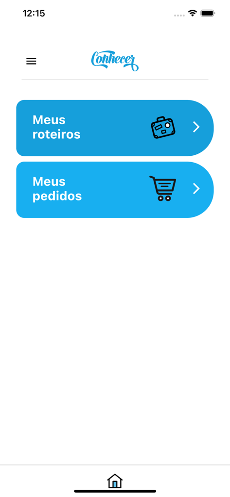 Tela inicial do aplicativo Forma Conhecer com botões de navegação principais para itinerários de viagem e pedidos.