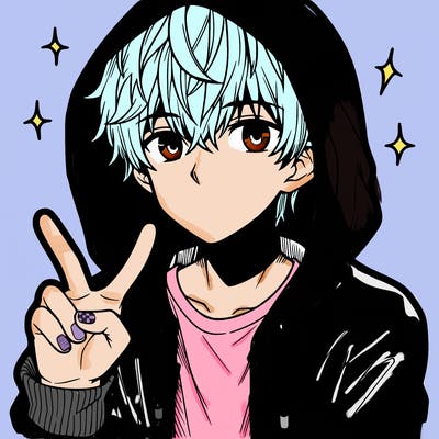 teenage manga boy in a hoodie, doing ✌