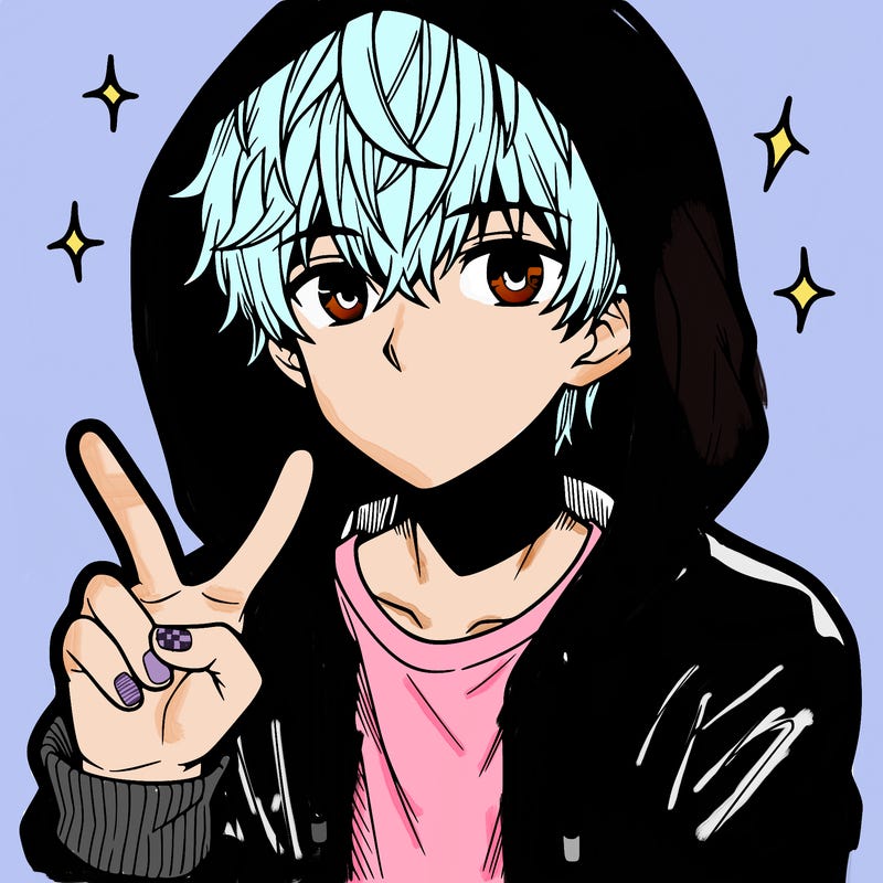 teenage manga boy in a hoodie, doing ✌
