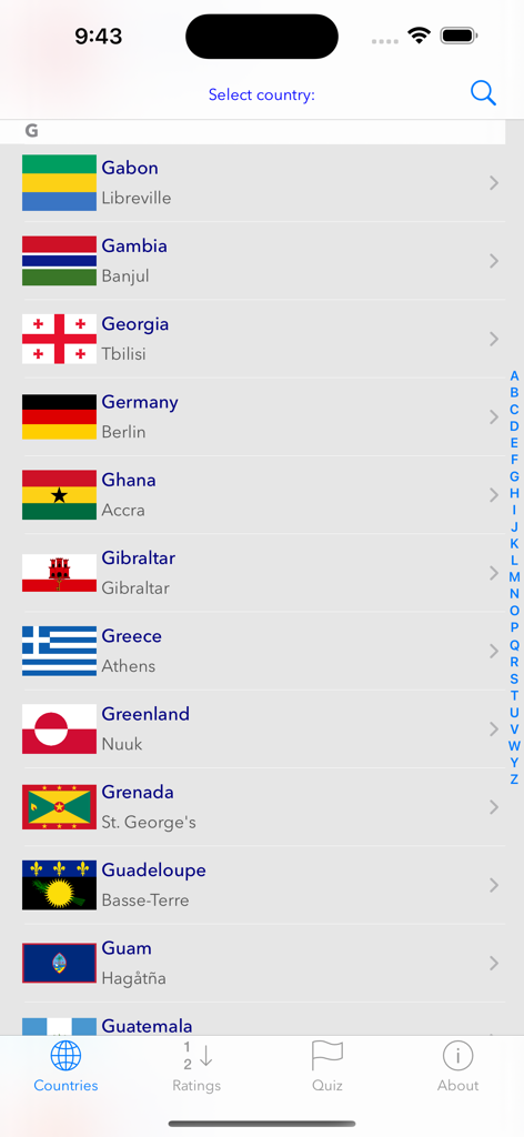 Countries! - Una lista de países que comienzan con G mostrando banderas y capitales en la aplicación Países