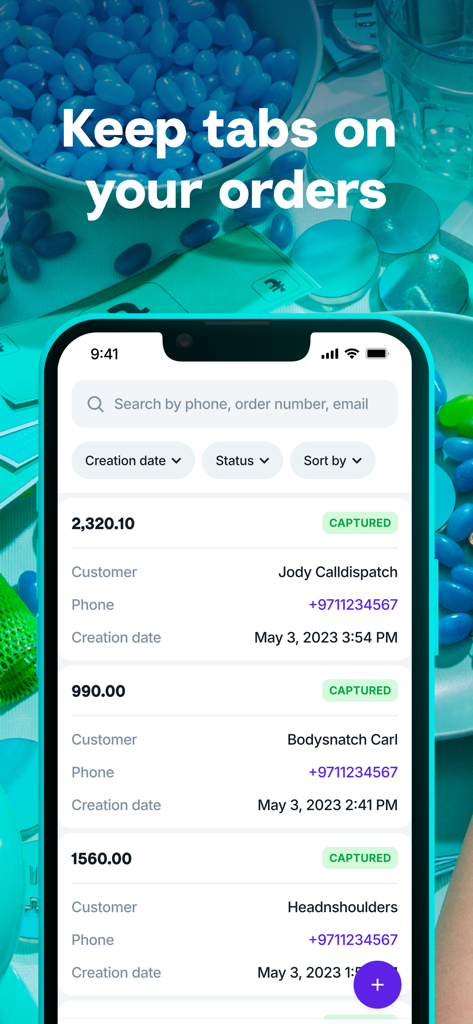 Tabby Business - The Tabby Business app interface showing a list of recent customer orders with their captured payment status