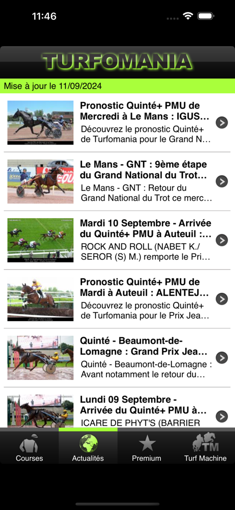 Turfomania - Turf et pronostic - Flux d'actualités de l'application Turfomania affichant les pronostics de courses hippiques et les résultats des courses
