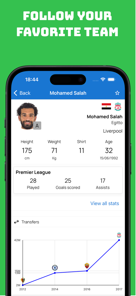 Live Action Soccer 2025/2026 - Profilo dettagliato del giocatore di calcio che mostra statistiche e storico dei trasferimenti per Mohamed Salah