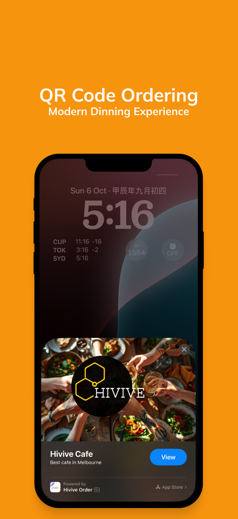 Hivive Order - iPhone displaying a Hivive Cafe App Clip for QR code table ordering