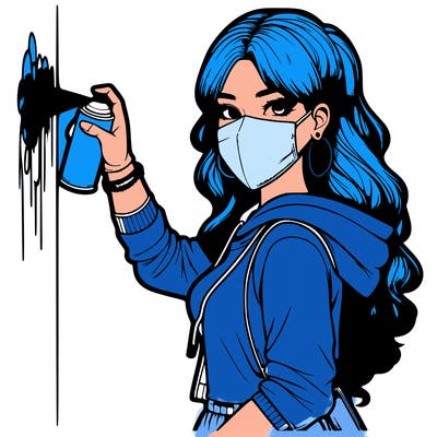 realistic girl with mask spray painting a wall