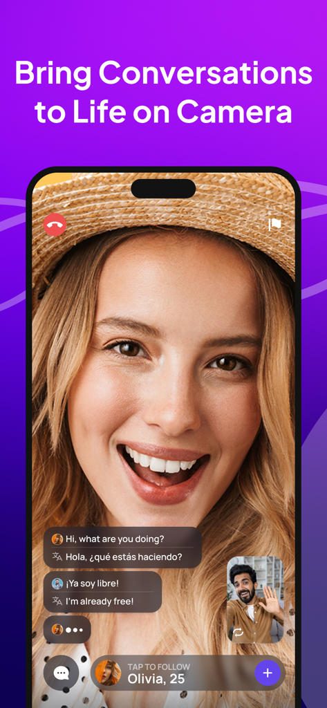 Pantalla de smartphone mostrando una videollamada en vivo con traducción en tiempo real entre dos usuarios en la app TopLive.