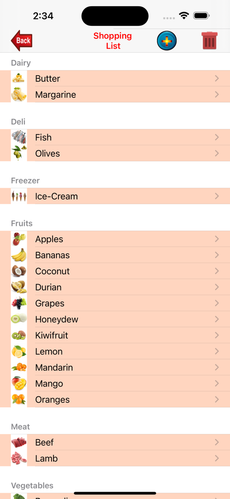 Shopping-List. - Una pantalla de aplicación móvil que muestra una lista de compras de comestibles organizada en categorías como Lácteos, Deli, Congelados y Frutas con iconos representativos para cada artículo.