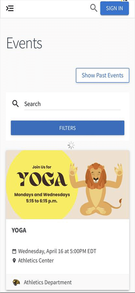 Events screen of the MyCCP Mobile app showing a yoga class listing at the Athletics Center
