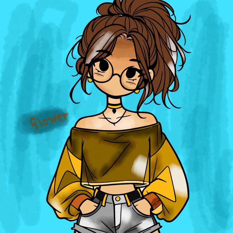 girl with a messy ponytail glasses a baggy crop top and jean shorts