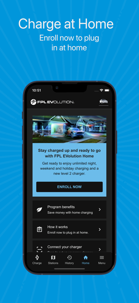 FPL EVolution app screen for enrolling in the home electric vehicle charging program.