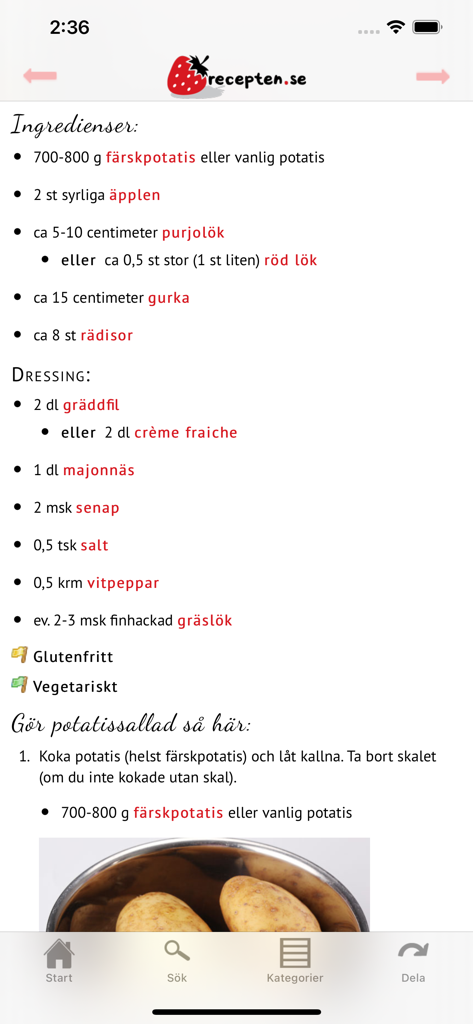 recepten.se - Ingredients and instructions for potato salad in the recepten app