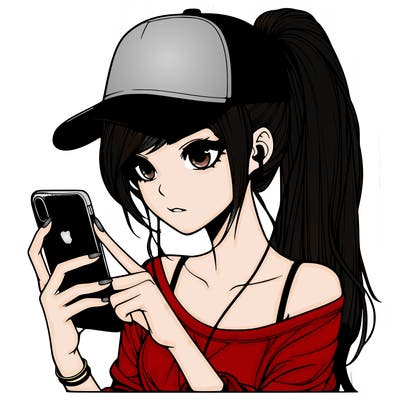 realistic girl with a long ponytail and trucker hat holding an iphone