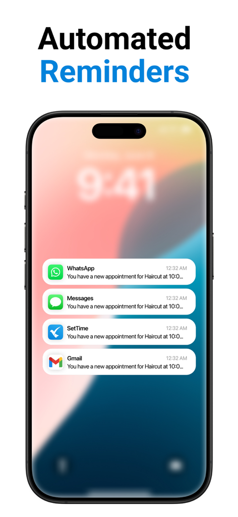 SetTime Appointment Scheduler - Mobile phone screen displaying automated appointment reminders through WhatsApp, Messages, and Gmail from the SetTime app.