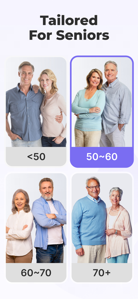 Una pantalla de aplicación titulada "Adaptado para personas mayores" que muestra cuatro opciones de grupos de edad para entrenamientos de yoga