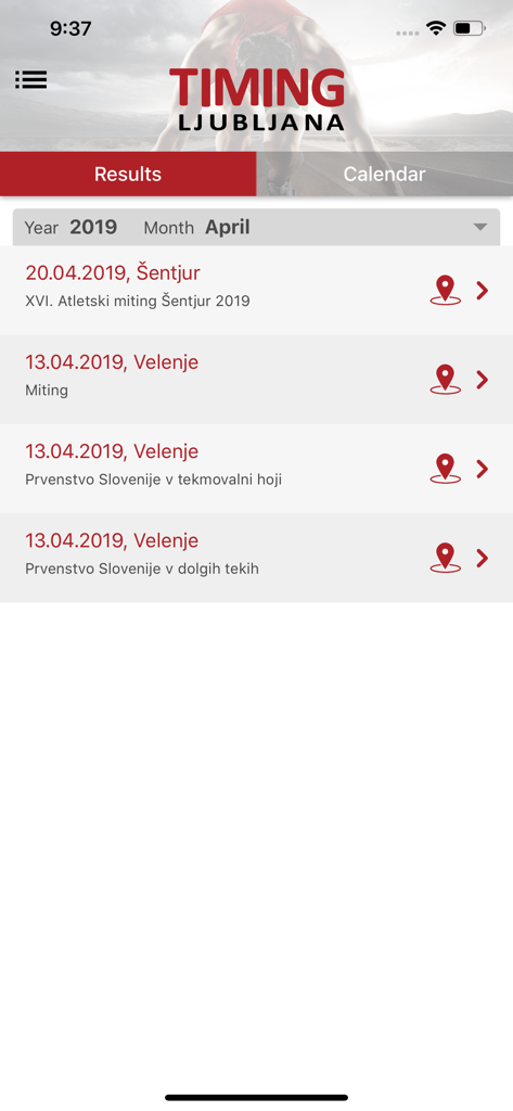 Timing Ljubljana mobile app interface showing a list of track and field competition results by date and location