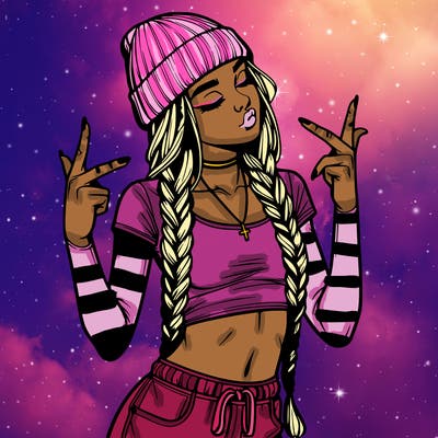 realistic teenage girl with braids and a beanie and crop top doing 🫶🏼