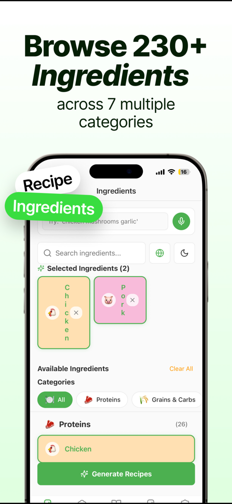Spachula: ai recipes & pantry - Spachula app screen showing how to select ingredients like chicken and pork from categories to generate AI recipes
