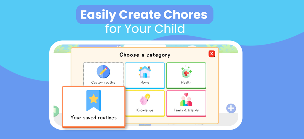 Chores and Anger Management - Lusha app interface showing chore categories like Home Health and Knowledge for children