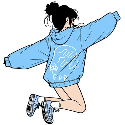 realistic girl jumping with a bun and oversized sweatshirt