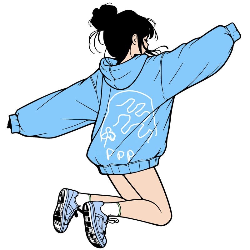 realistic girl jumping with a bun and oversized sweatshirt
