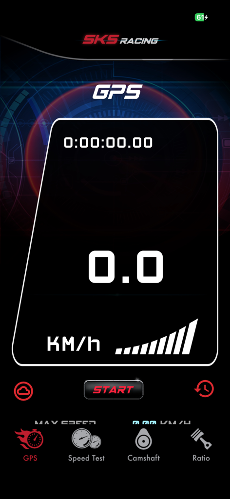 SKS Racing mobile app GPS speedometer interface with start button and speed metrics